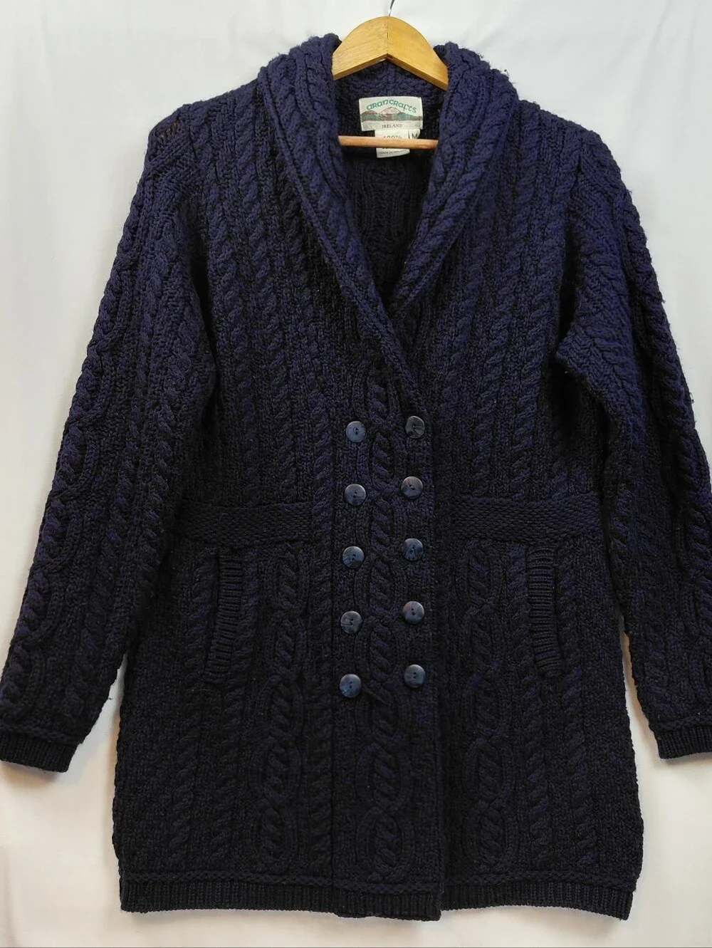 Aran Crafts Double Breasted Merino Wool Cardigan Women's Size Medium Navy Blue